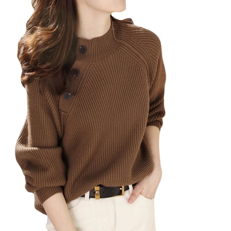 Χαλαρό πλεκτό πουλόβερ με κουμπιά και μισοψηλό γιακά, γυναικείος μακρύς μανίκι, μονόχρωμο, κοντή γραμμή, casual ιαπωνο-κορεατικό στυλ για φθινόπωρο-χειμώνα.