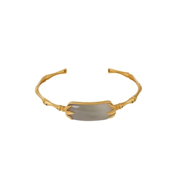 Βραχιόλι σε εθνοστυλ με ενθέτο Hetian Jade, επίχρυσο τελείωμα 925 και μοτίφ μπαμπού με φύλλα σε καπνιστό μωβ