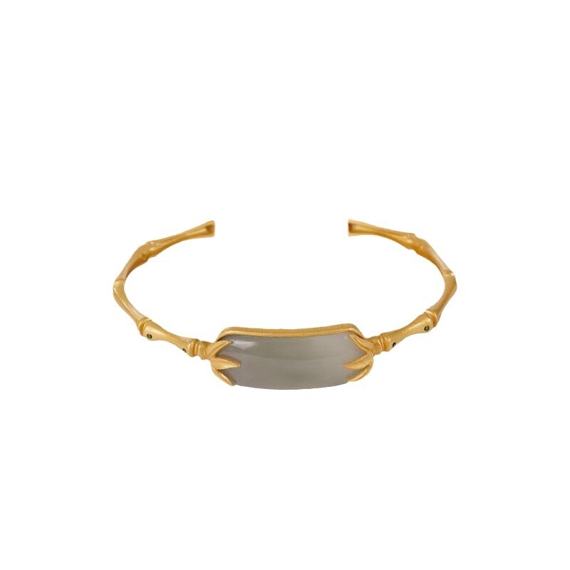 Βραχιόλι σε εθνοστυλ με ενθέτο Hetian Jade, επίχρυσο τελείωμα 925 και μοτίφ μπαμπού με φύλλα σε καπνιστό μωβ