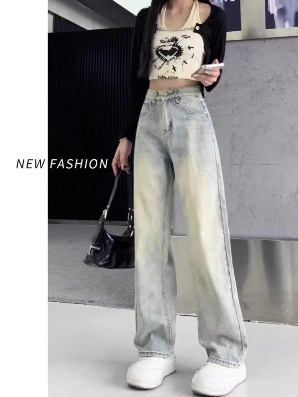 Τζιν από denim σε χρώμα μουσταρδά, ψηλή μέση, φαρδιά μπατζάκια, επένδυση με fleece, αδυνατιστική εφαρμογή, χαλαρή γραμμή, ρετρό ίσιο κόψιμο μέχρι πάτωμα
