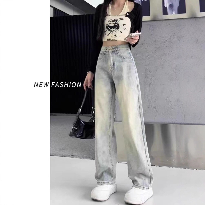 Τζιν από denim σε χρώμα μουσταρδά, ψηλή μέση, φαρδιά μπατζάκια, επένδυση με fleece, αδυνατιστική εφαρμογή, χαλαρή γραμμή, ρετρό ίσιο κόψιμο μέχρι πάτωμα