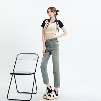 Γυναικείοι jeans με ψηλή μέση και ίσια γραμμή, ελαστικές, χαλαρή εφαρμογή, σε μεγέθη plus, τύπου cigarette για μικρό ανάστημα