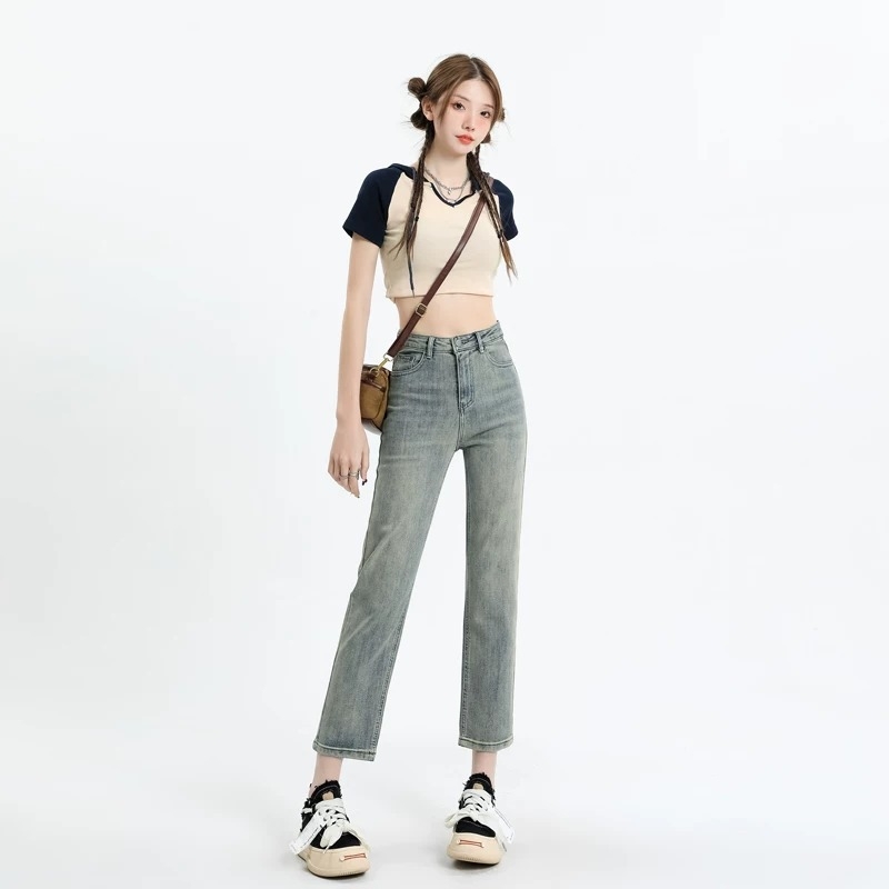Γυναικείοι jeans με ψηλή μέση και ίσια γραμμή, ελαστικές, χαλαρή εφαρμογή, σε μεγέθη plus, τύπου cigarette για μικρό ανάστημα