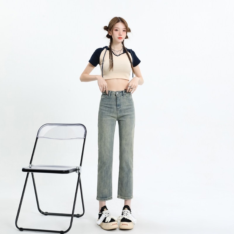 Γυναικείοι jeans με ψηλή μέση και ίσια γραμμή, ελαστικές, χαλαρή εφαρμογή, σε μεγέθη plus, τύπου cigarette για μικρό ανάστημα