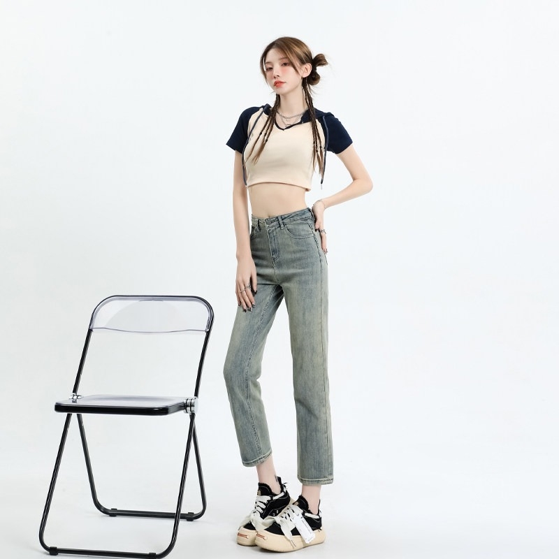 Γυναικείοι jeans με ψηλή μέση και ίσια γραμμή, ελαστικές, χαλαρή εφαρμογή, σε μεγέθη plus, τύπου cigarette για μικρό ανάστημα