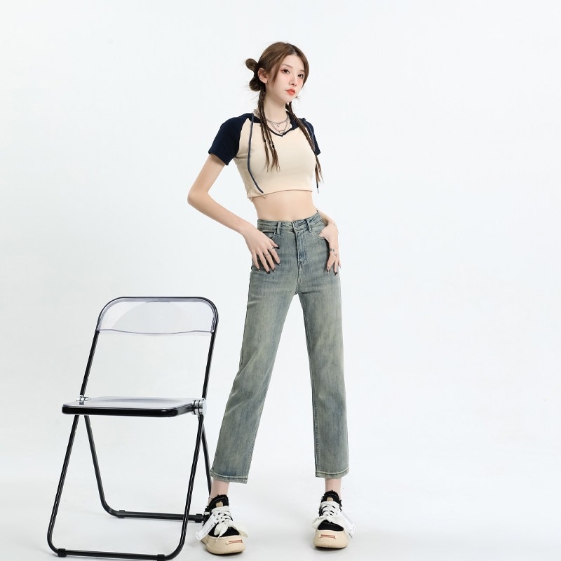 Γυναικείοι jeans με ψηλή μέση και ίσια γραμμή, ελαστικές, χαλαρή εφαρμογή, σε μεγέθη plus, τύπου cigarette για μικρό ανάστημα