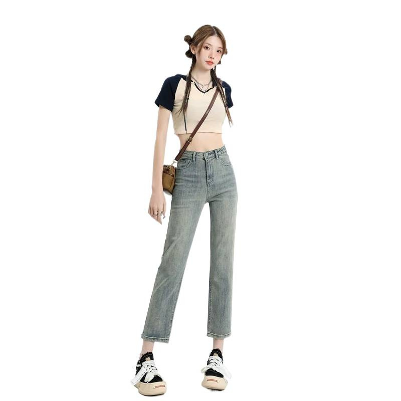 Γυναικείοι jeans με ψηλή μέση και ίσια γραμμή, ελαστικές, χαλαρή εφαρμογή, σε μεγέθη plus, τύπου cigarette για μικρό ανάστημα