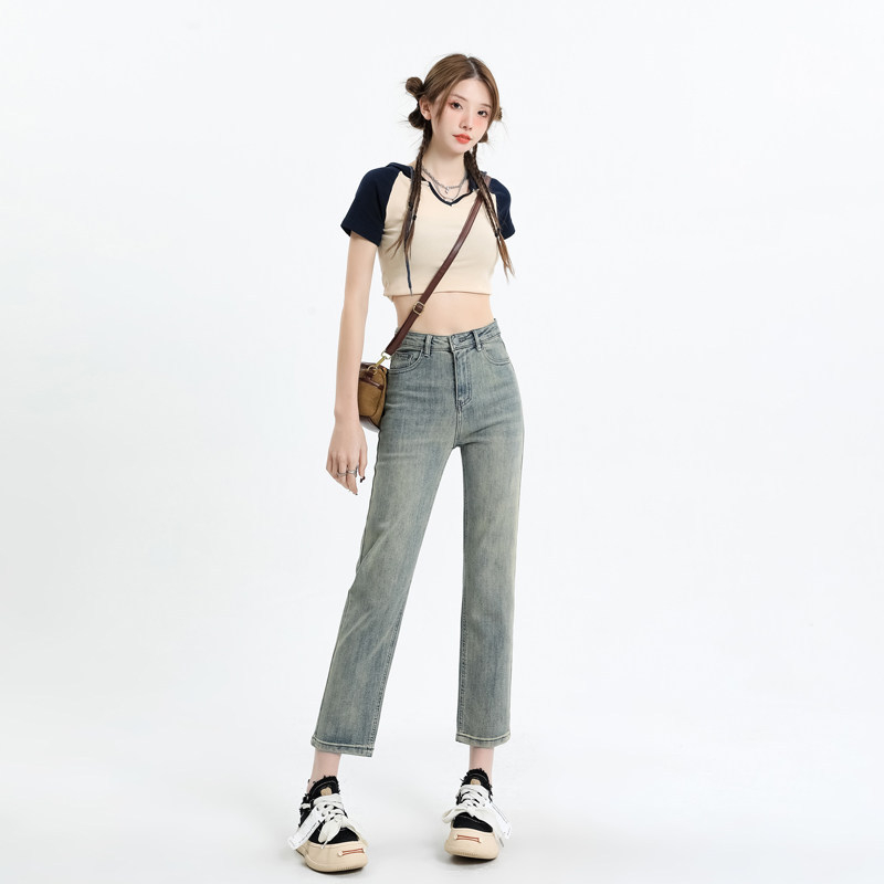 Γυναικείοι jeans με ψηλή μέση και ίσια γραμμή, ελαστικές, χαλαρή εφαρμογή, σε μεγέθη plus, τύπου cigarette για μικρό ανάστημα