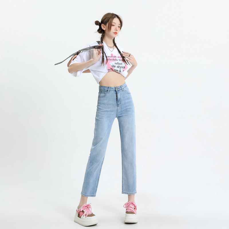 Γυναικείοι jeans με ψηλή μέση και ίσια γραμμή, ελαστικές, χαλαρή εφαρμογή, σε μεγέθη plus, τύπου cigarette για μικρό ανάστημα