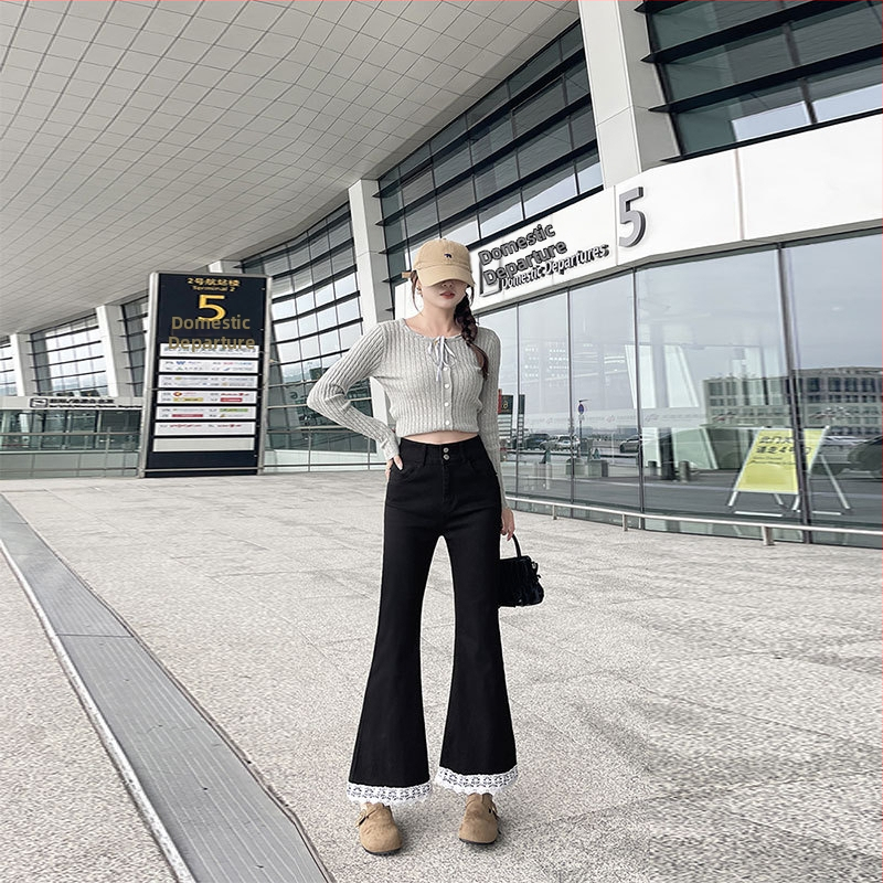 Dámske džínsy s čipkou, dĺžka 9/10, vysoký pás, modré, vhodné pre väčšie veľkosti a drobné postavy, strih Bootcut, jeseň 2025