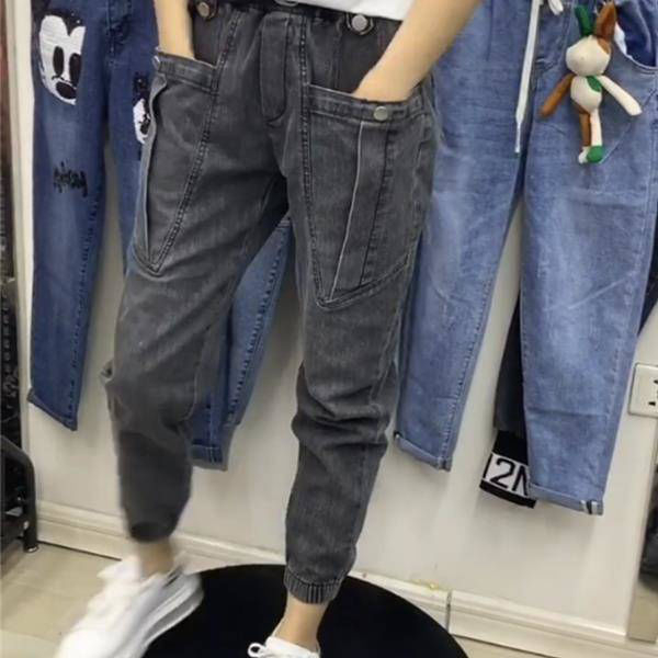 Γυναικείες τζιν παντελόνες τύπου dad pants, άνοιξη–φθινόπωρο, ελαστική υψηλή μέση, χαλαρή γραμμή, μεγάλο μέγεθος, στενότερες προς τον αστράγαλο, μήκος 9/10, στυλ χαρέμ-λαντέρν