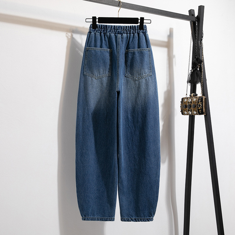 Γυναικείες τζιν παντελόνες τύπου dad pants, άνοιξη–φθινόπωρο, ελαστική υψηλή μέση, χαλαρή γραμμή, μεγάλο μέγεθος, στενότερες προς τον αστράγαλο, μήκος 9/10, στυλ χαρέμ-λαντέρν