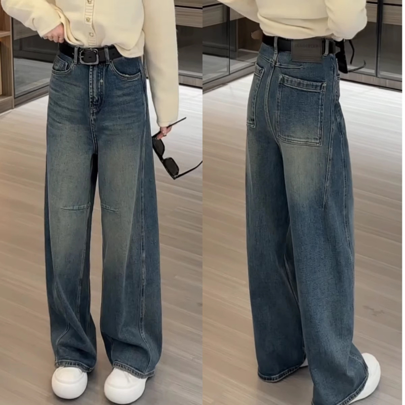 Γυναικείες denim παντελόνες με φαρδιές μπατζάκια, υψηλή μέση, μεγάλο μέγεθος, άνοιξη 2025