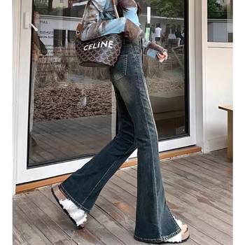 Γυναικεί jeans υψηλής μέσης με σχίσιμο και micro-flare, γκρι τσιμέντο, στενή εφαρμογή, plus size, μακρύ παντελόνι με σχήμα αλόγου