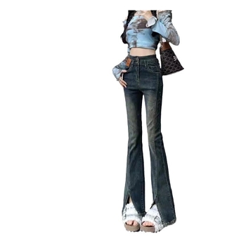 Γυναικεί jeans υψηλής μέσης με σχίσιμο και micro-flare, γκρι τσιμέντο, στενή εφαρμογή, plus size, μακρύ παντελόνι με σχήμα αλόγου