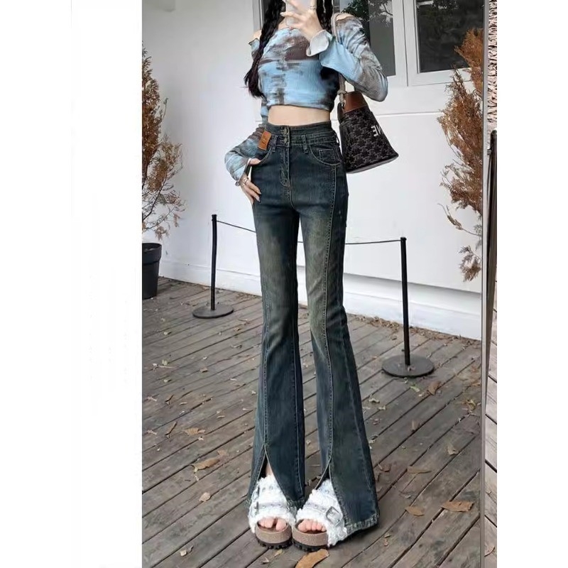 Γυναικεί jeans υψηλής μέσης με σχίσιμο και micro-flare, γκρι τσιμέντο, στενή εφαρμογή, plus size, μακρύ παντελόνι με σχήμα αλόγου
