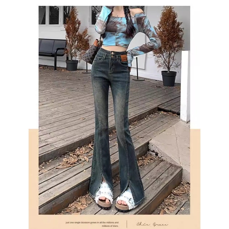Γυναικεί jeans υψηλής μέσης με σχίσιμο και micro-flare, γκρι τσιμέντο, στενή εφαρμογή, plus size, μακρύ παντελόνι με σχήμα αλόγου