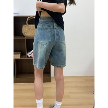 Denim σορτς με ψηλή μέση, σχήμα αχλαδιού, μήκος capri, γυναικείο casual παντελόνι σε μπλε ρετρό