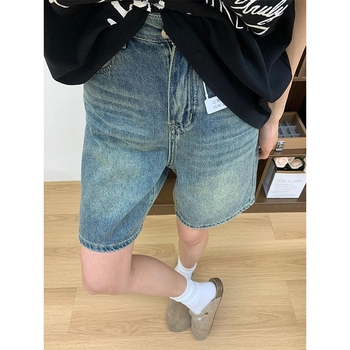 Denim σορτς με ψηλή μέση, σχήμα αχλαδιού, μήκος capri, γυναικείο casual παντελόνι σε μπλε ρετρό