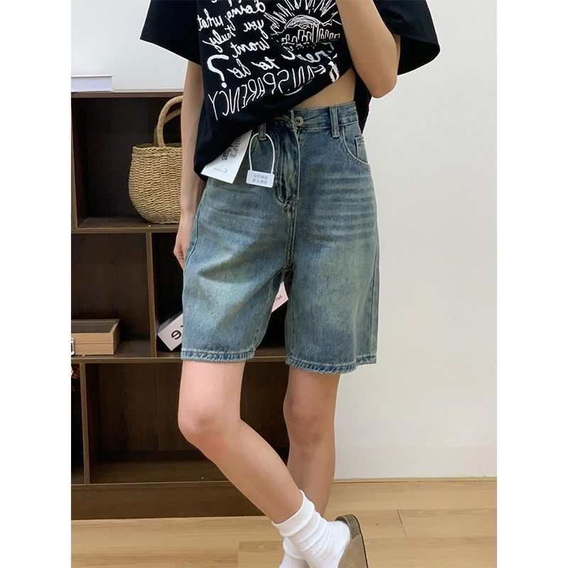Denim σορτς με ψηλή μέση, σχήμα αχλαδιού, μήκος capri, γυναικείο casual παντελόνι σε μπλε ρετρό