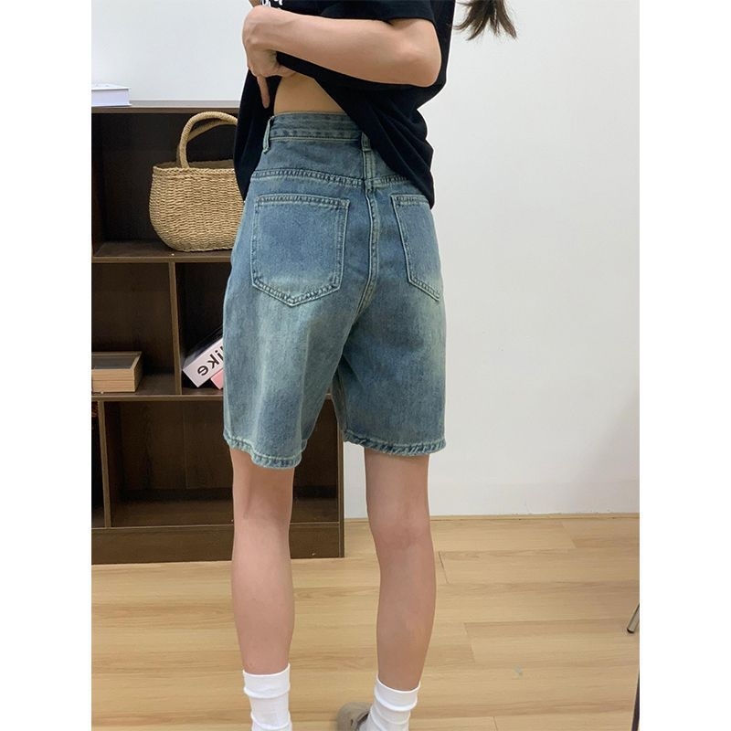 Denim σορτς με ψηλή μέση, σχήμα αχλαδιού, μήκος capri, γυναικείο casual παντελόνι σε μπλε ρετρό
