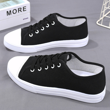 Γυναικείες καμβά sneakers σε κορεατικό στυλ, λευκές, χαμηλό ύψος, μονόχρωμες, καθημερινά παπούτσια για άνοιξη και φθινόπωρο