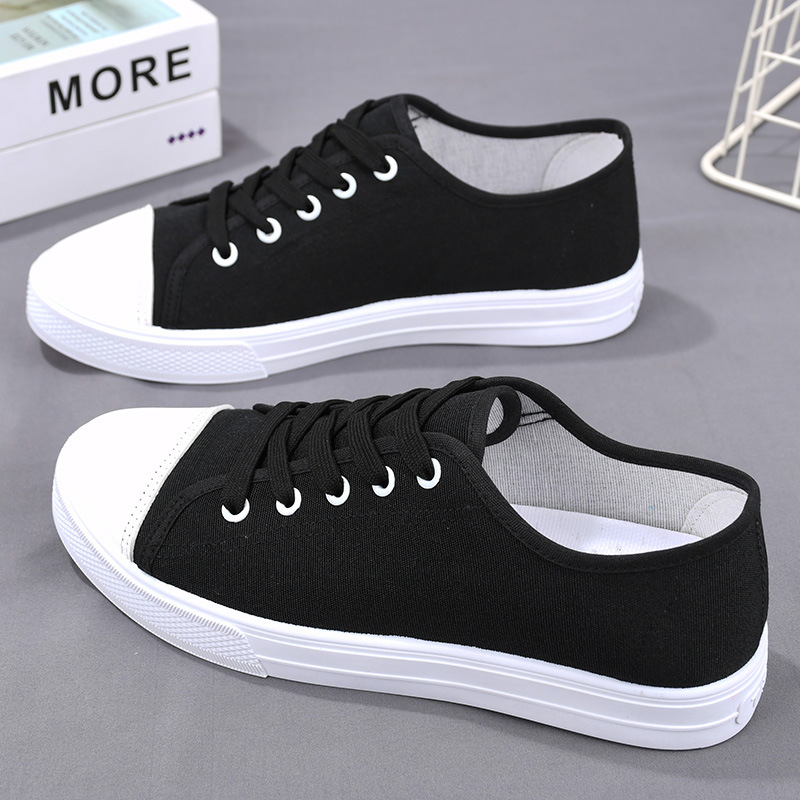 Γυναικείες καμβά sneakers σε κορεατικό στυλ, λευκές, χαμηλό ύψος, μονόχρωμες, καθημερινά παπούτσια για άνοιξη και φθινόπωρο
