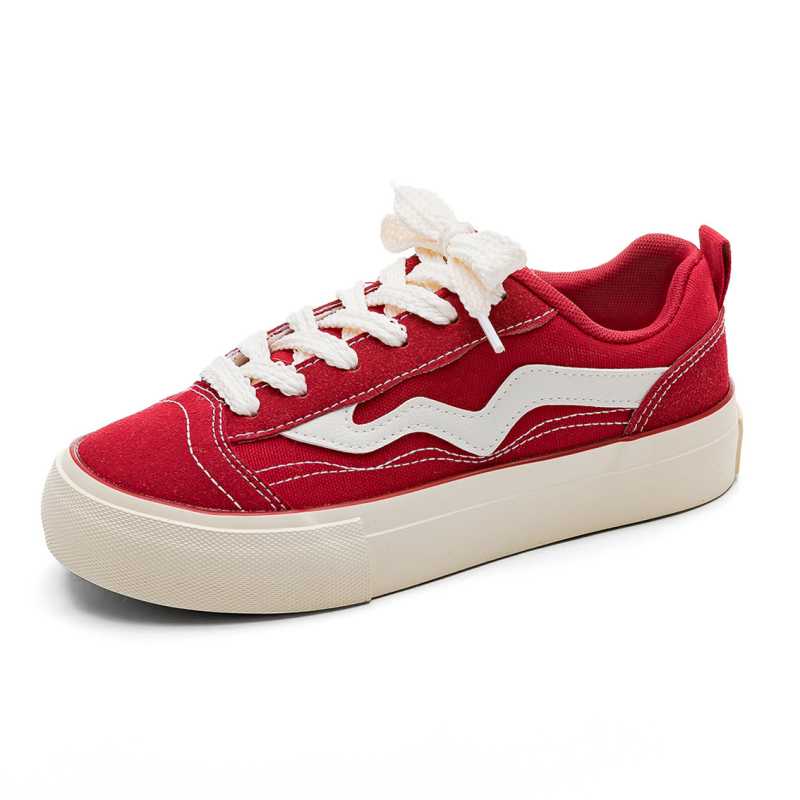 Γυναικείες κόκκινες καμβά sneakers με ρετρό φουσκωτή σόλα και πλατφόρμα για αύξηση ύψους, ευέλικτα καθημερινά αθλητικά παπούτσια