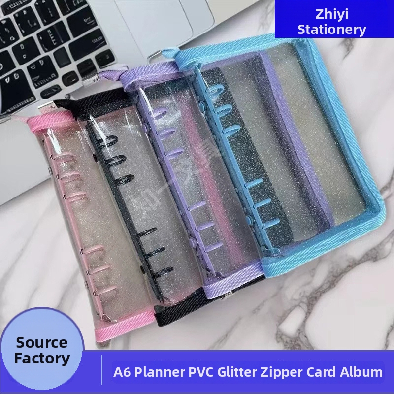 Album A6 s trblietavým zipsom a voľnými listami s priehľadným mäkkým PVC obalom – album na fotografie, pohľadnice a nálepky