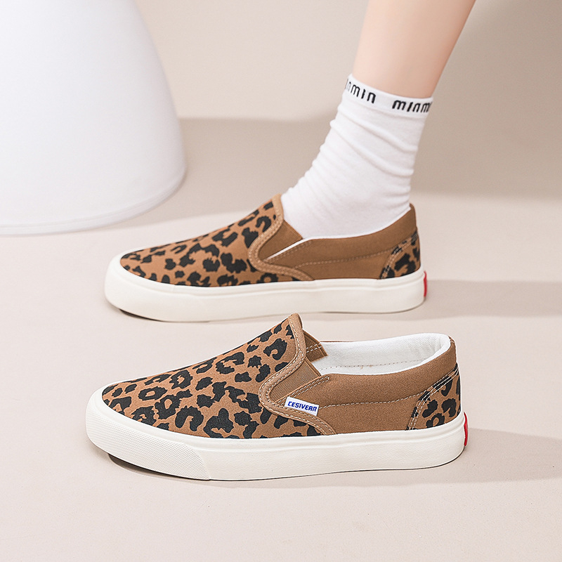 Γυναικείες καμβά sneakers με λεοπάρprint, χαμηλό ύψος, ρετρό κορεατικό στυλ, αντιολισθητικά casual παπούτσια με καουτσούκ σόλα