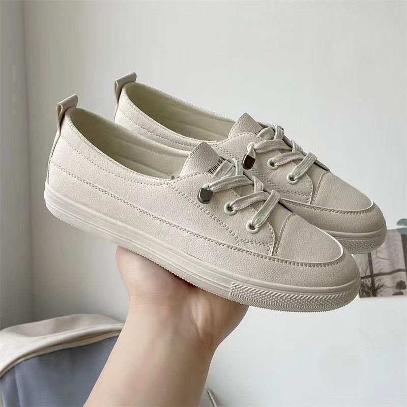 Γυναικείες λευκές sneakers, άνοιξη 2026, κορεατικό στυλ μόδας, επάνω μέρος από PU δέρμα, casual παπούτσια με κορδόνια και επίπεδη σόλα