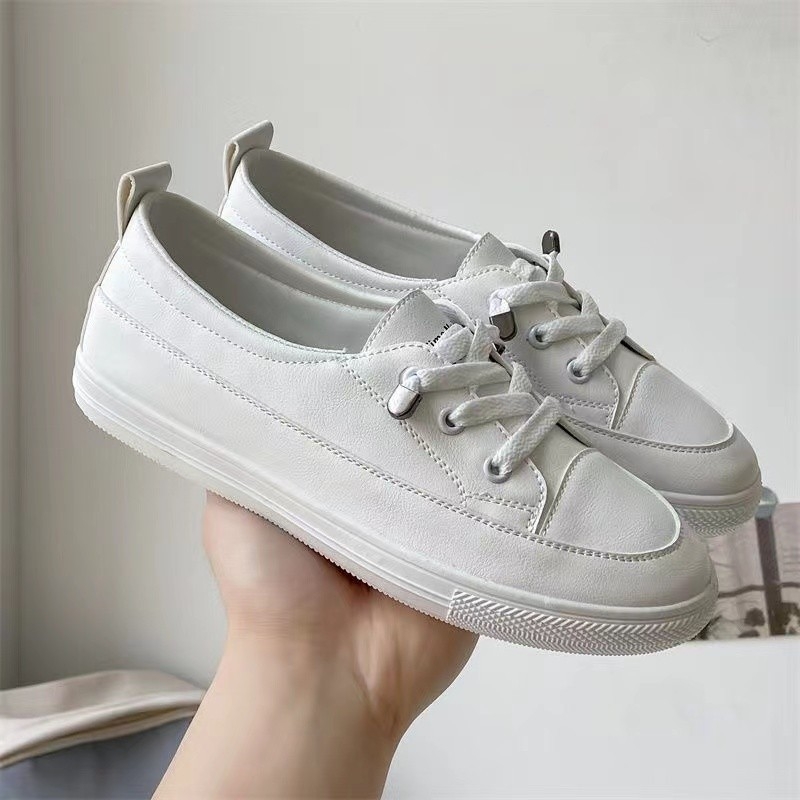 Γυναικείες λευκές sneakers, άνοιξη 2026, κορεατικό στυλ μόδας, επάνω μέρος από PU δέρμα, casual παπούτσια με κορδόνια και επίπεδη σόλα