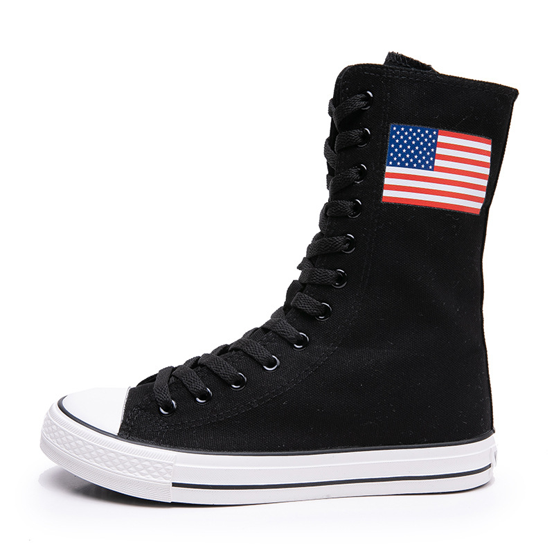 Καμβά sneakers με μεσαίο ύψος, μπροστινά κορδόνια και πλαϊνό φερμουάρ, μοτίβο αμερικανικής σημαίας, χειροποίητες γυναικείες casual sneakers