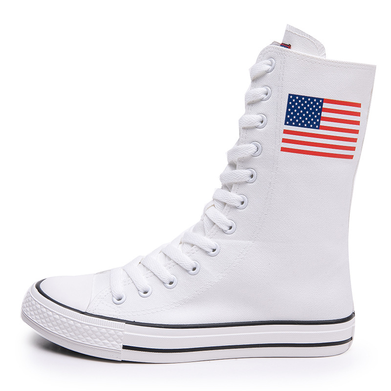 Καμβά sneakers με μεσαίο ύψος, μπροστινά κορδόνια και πλαϊνό φερμουάρ, μοτίβο αμερικανικής σημαίας, χειροποίητες γυναικείες casual sneakers