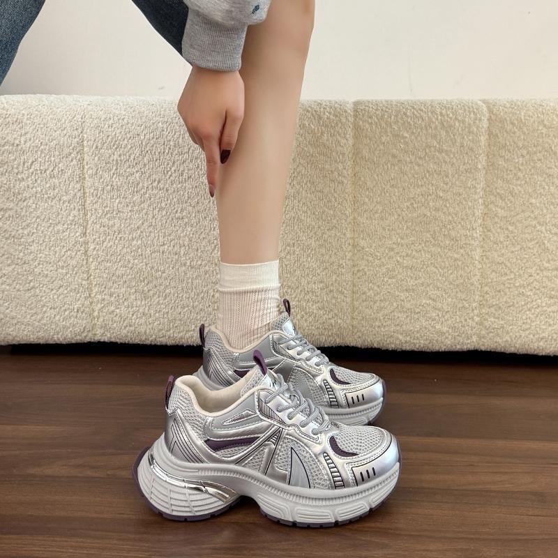 Γυναικείες sneakers τύπου Dad με διπλό δίχτυ και φαρδιά σόλα, άνετα αθλητικά για όλες τις εποχές