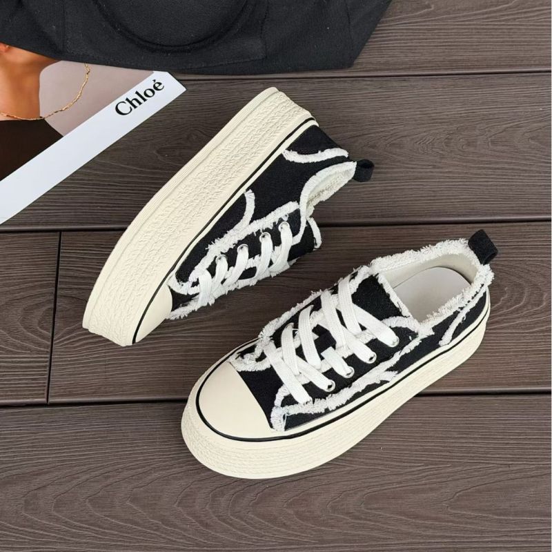 Γυναικείες καμβά sneakers με αύξηση ύψους 5 cm, λευκά, Παριζιάνικο στυλ ψαρά, Άνοιξη 2026