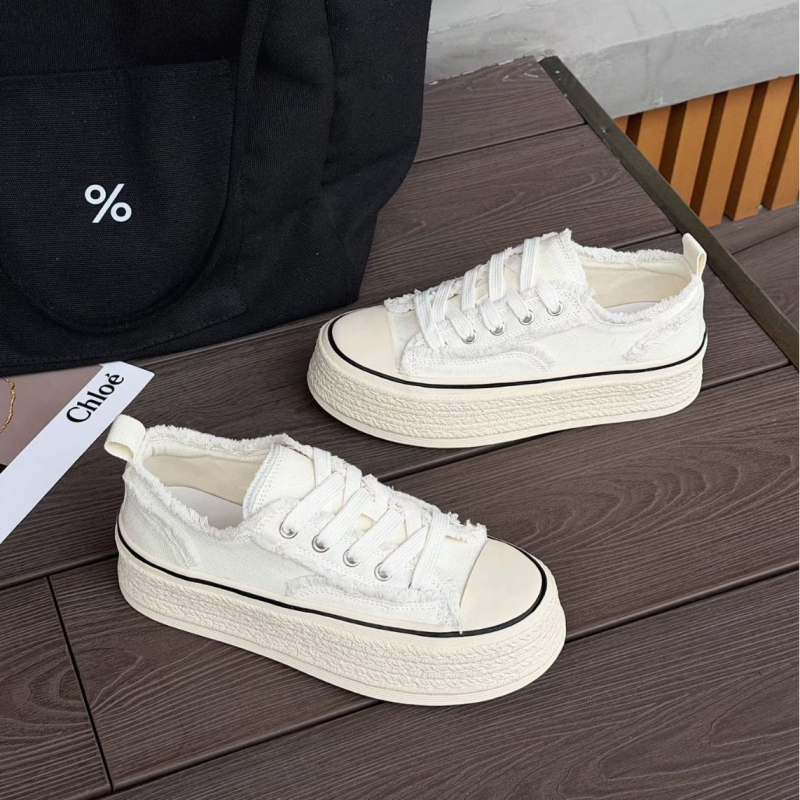 Γυναικείες καμβά sneakers με αύξηση ύψους 5 cm, λευκά, Παριζιάνικο στυλ ψαρά, Άνοιξη 2026