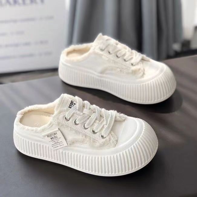 Γυναικείες slip-on μούλες με κλειστό δάχτυλο και φαρδιά πλατφόρμα, καμβά παπούτσια φθινοπωρινά 2025