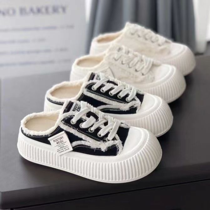 Γυναικείες slip-on μούλες με κλειστό δάχτυλο και φαρδιά πλατφόρμα, καμβά παπούτσια φθινοπωρινά 2025
