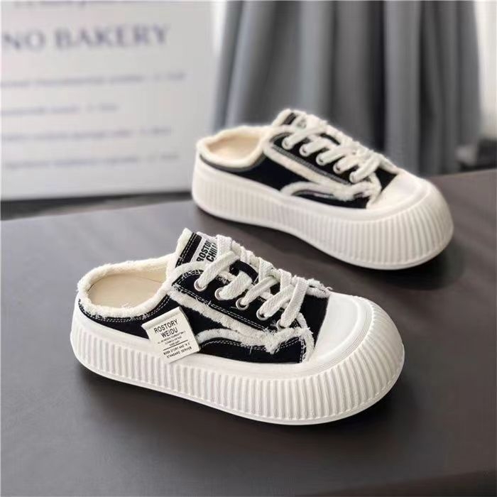 Γυναικείες slip-on μούλες με κλειστό δάχτυλο και φαρδιά πλατφόρμα, καμβά παπούτσια φθινοπωρινά 2025