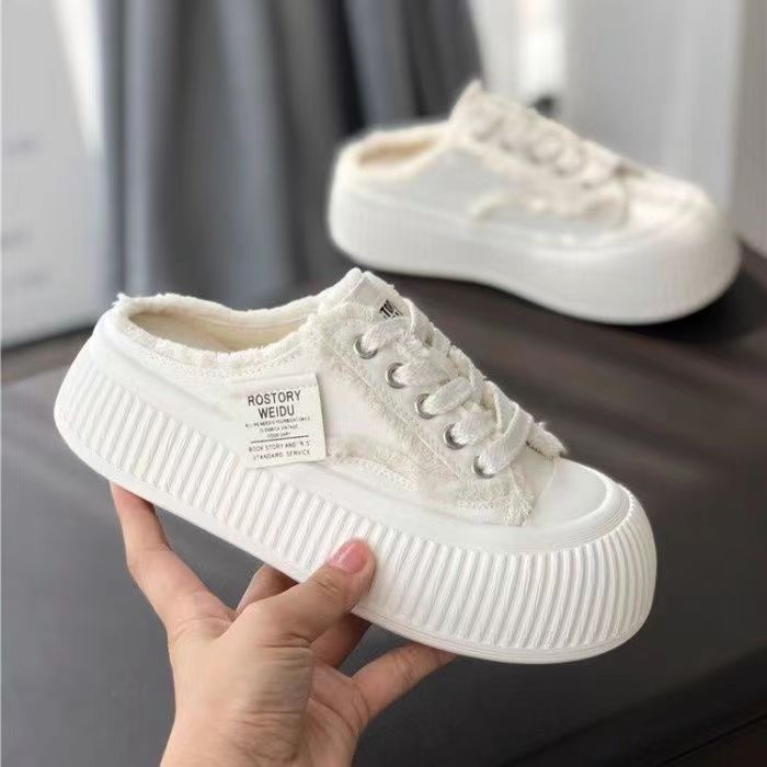 Γυναικείες slip-on μούλες με κλειστό δάχτυλο και φαρδιά πλατφόρμα, καμβά παπούτσια φθινοπωρινά 2025