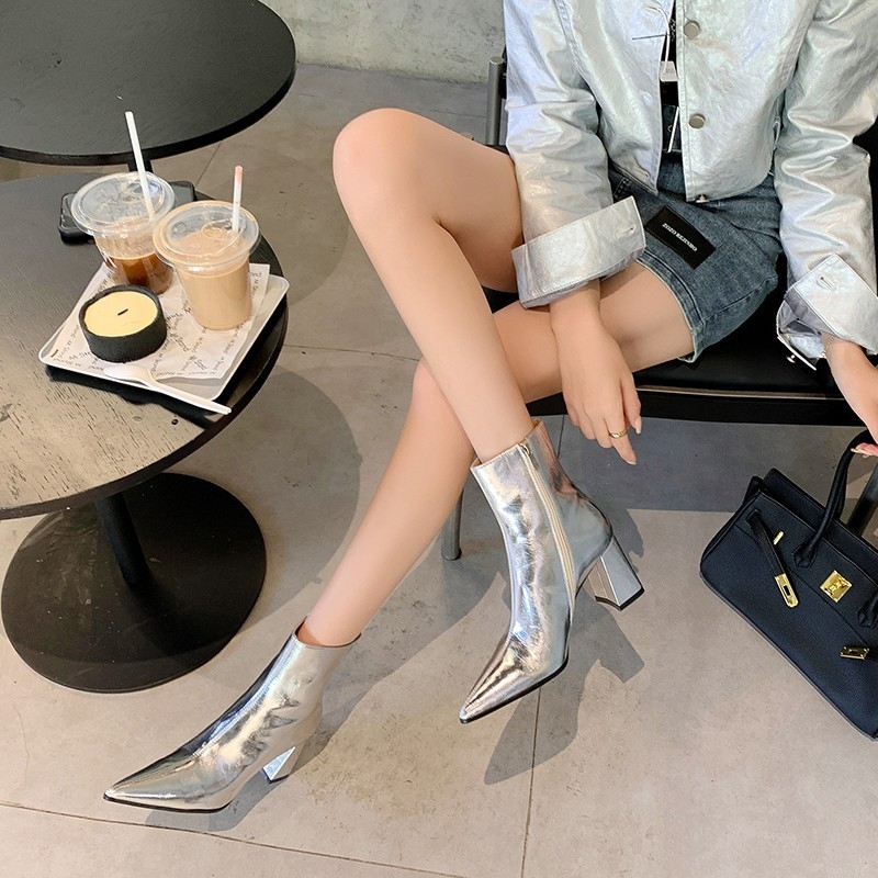 Γυναικεία μποτάκια αστραγάλου με φαρδύ τακούνι, ρετρό σχέδιο, ασημί μυτερό μπροστινό μέρος, χρυσά ψηλά τακούνια, γαλλικό στυλ