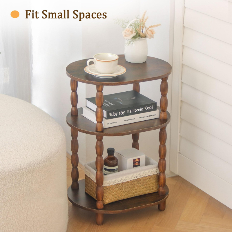 Ρετρό τραπέζι καφέ από μασίφ ξύλο με ραφιέρα αποθήκευσης τριών επιπέδων, διακοσμητική βάση με χάντρες και ξύλινο κομοδίνο