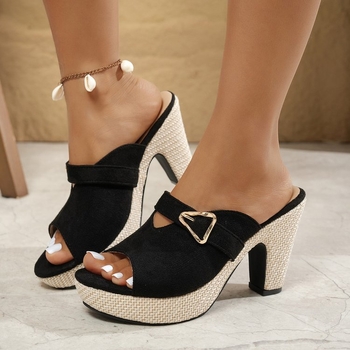 Γυναικείαι καλοκαιρινά slip-on σανδάλια με διάτρητο σχέδιο, μονόχρωμα, χοντρό τακούνι, ανοιχτή μύτη, ευρωπαϊκό στιλ, EU 43