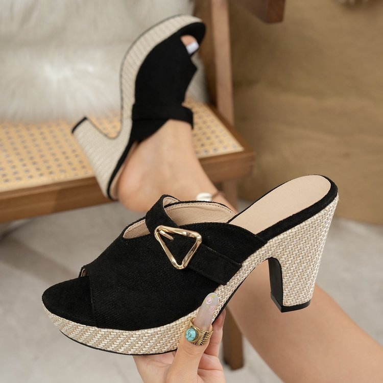Γυναικείαι καλοκαιρινά slip-on σανδάλια με διάτρητο σχέδιο, μονόχρωμα, χοντρό τακούνι, ανοιχτή μύτη, ευρωπαϊκό στιλ, EU 43