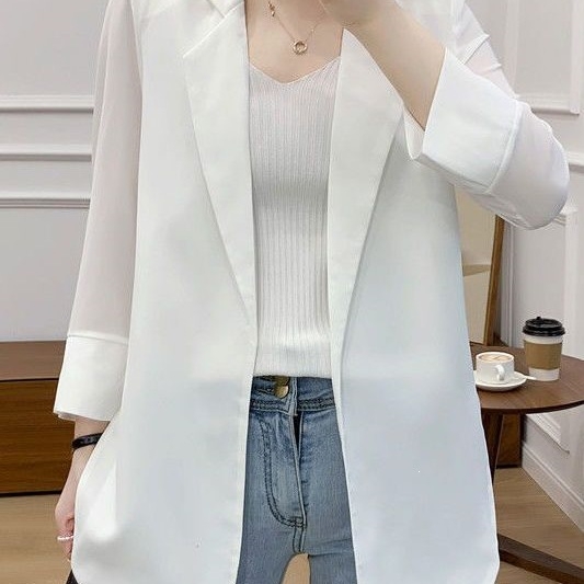 Γυναικείο chiffon blazer σε μεγάλο μέγεθος, ελαφρύ καλοκαιρινό σακάκι με κυρτή γραμμή, προστασία από τον ήλιο