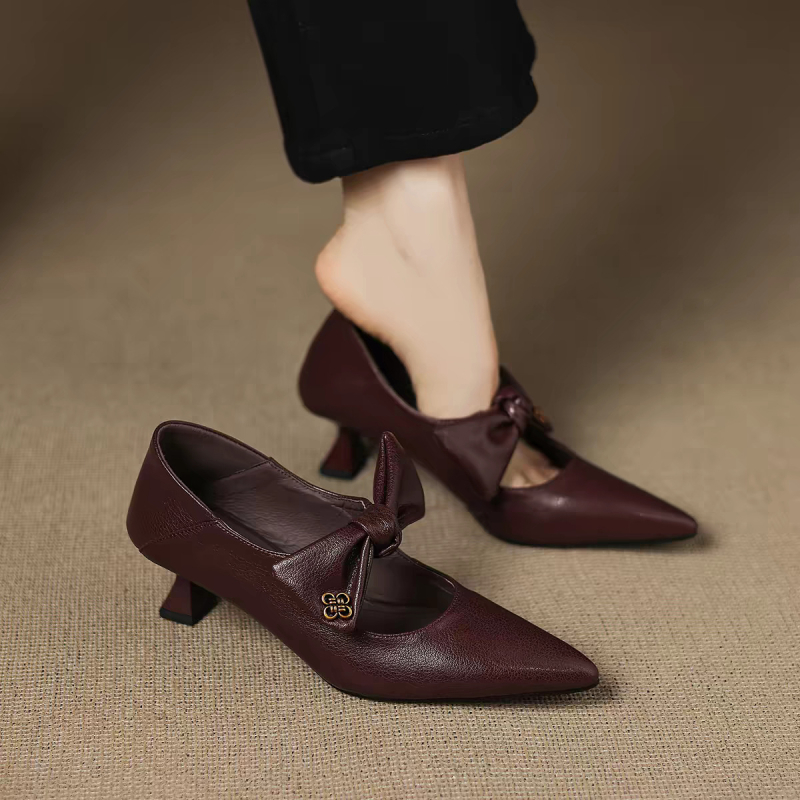 2026 Νέα γόβες με μυτερό δάχτυλο, φιόγκο, slip-on, δερμάτινες, με λεπτό τακούνι, για άνοιξη-φθινοπωρο