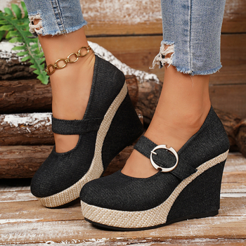 Γυναικείες loafers με πλατφόρμα, μεγάλου μεγέθους, στρογγυλή μύτη, 6–8 εκ ύψος τακουνιού, υφασμάτινο πάνω μέρος, καουτσούκ σόλα, άνοιξη-καλοκαίρι-φθινόπωρο