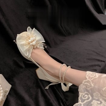 Γόβες Mary Jane με ανθοδιακόσμηση, γαλλικό στυλ, φαρδύ τακούνι, αύξηση ύψους, νυφικά παπούτσια