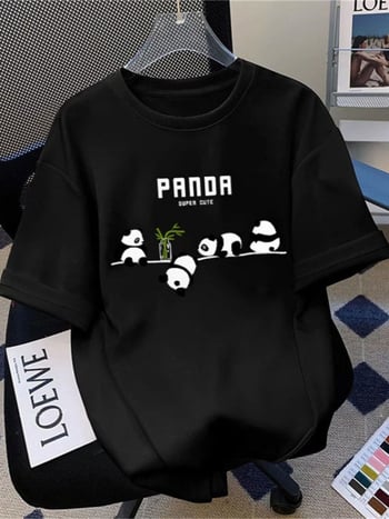 Γυναικείο κοντομάνικο T‑shirt για καλοκαίρι, δροσερή ελαφριά υφανση από βαμβάκι-πολυεστέρα, τύπωμα κόκκινου πάντα, στρογγυλή λαιμόκοψη, κανονική εφαρμογή.